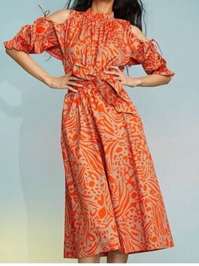 Cynthia Rowley Orange Camel Animal Printed open shoulder dress